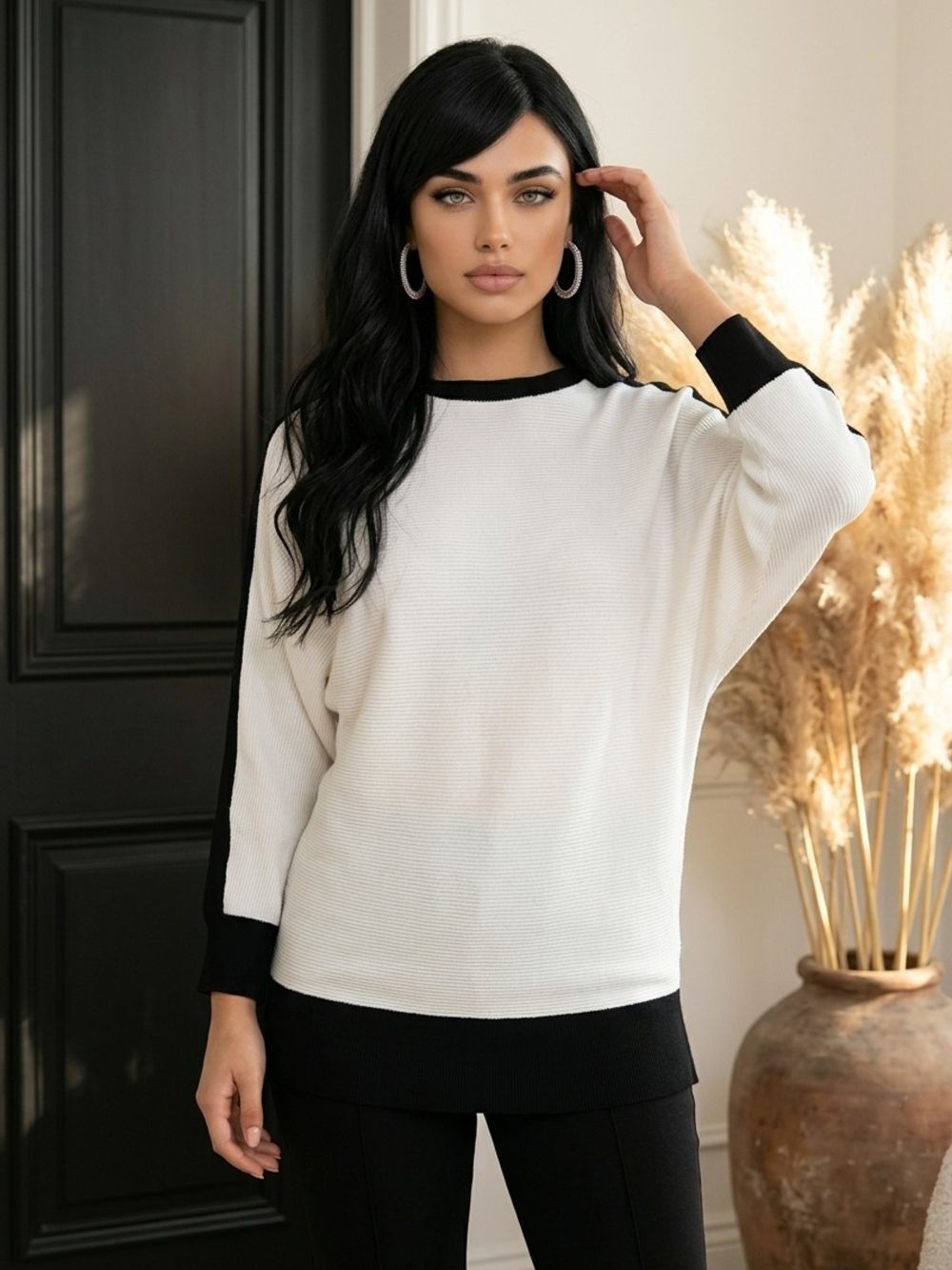 Zenergy by Chico's Contrast Trim White & Black Dolman Sweater